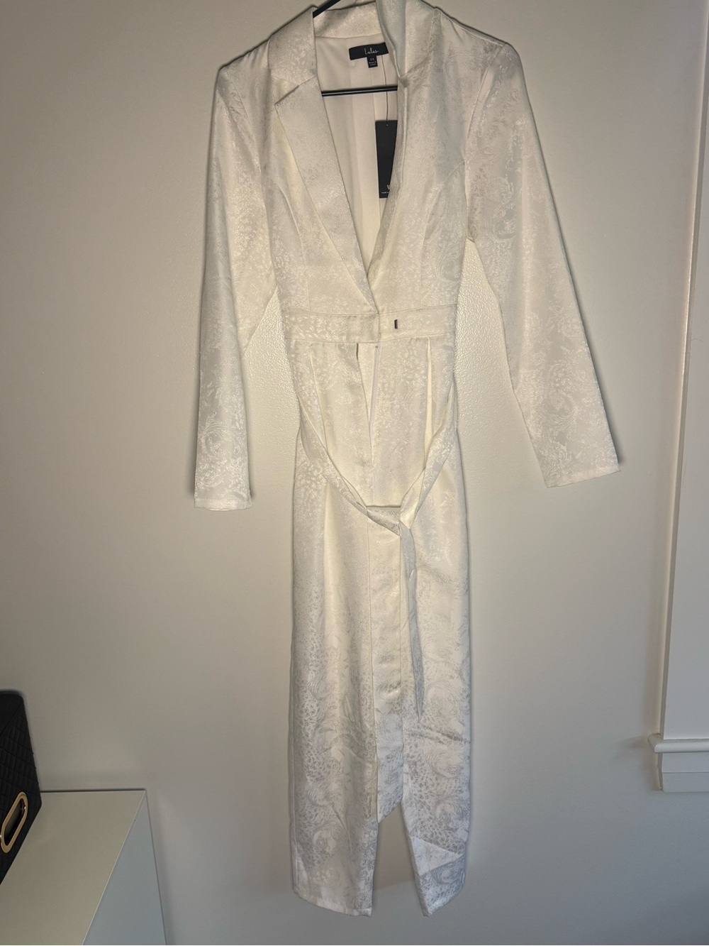 Lulu's White Jacquard Long Pantsuit with Tie Belt